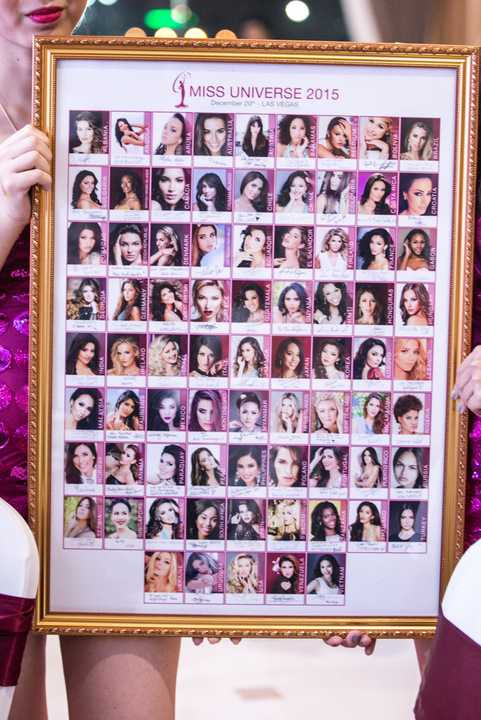 Được biết, trước ngày lên đường dự thi Hoa hậu Hoàn vũ 2015, Phạm Hương đã chuẩn bị một bức ảnh gồm chân dung 80 người đẹp sẽ dự thi cùng cô.