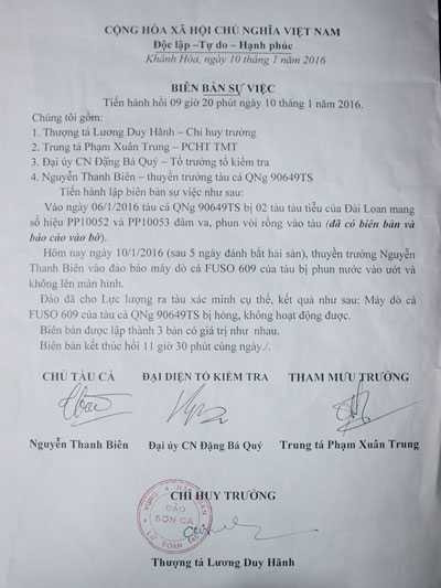 Biên bản tàu cá của ngư dân Biên bị phía Đài Loan tấn công được cơ quan chức năng đảo Sơn Ca lập