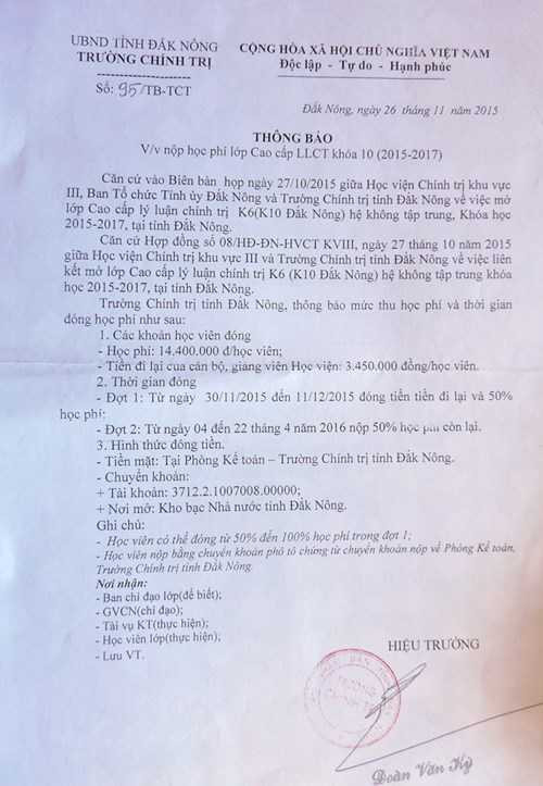 Văn bản yêu cầu học viên nộp tiền đưa đón giảng viên.