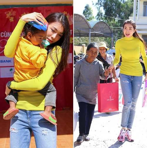 Á hậu Lệ Hằng cẩn thận che nắng cho em nhỏ và xách đồ giúp các cụ già Á hậu Lệ Hằng cẩn thận che nắng cho em nhỏ và xách đồ giúp các cụ già