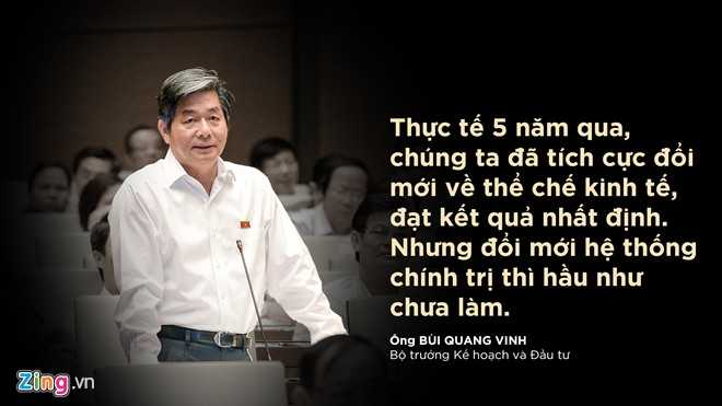 Bộ trưởng Kế hoạch Đầu tư Bùi Quang Vinh phát biểu trước Đại hội. Theo ông, vì lẽ đó, công cuộc đổi mới năm năm qua chưa đem lại hiệu quả như mong muốn. “Trong giai đoạn tới, việc đổi mới hệ thống chính trị đồng bộ với đổi mới về kinh tế là yêu cầu hết sức cấp bách”, ông nói.