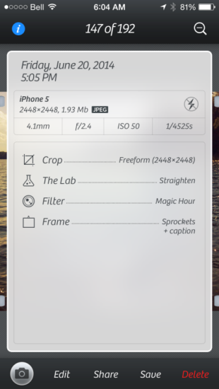 Ứng dụng Camera+ sẽ thông tin chi tiết về chiếc máy ảnh