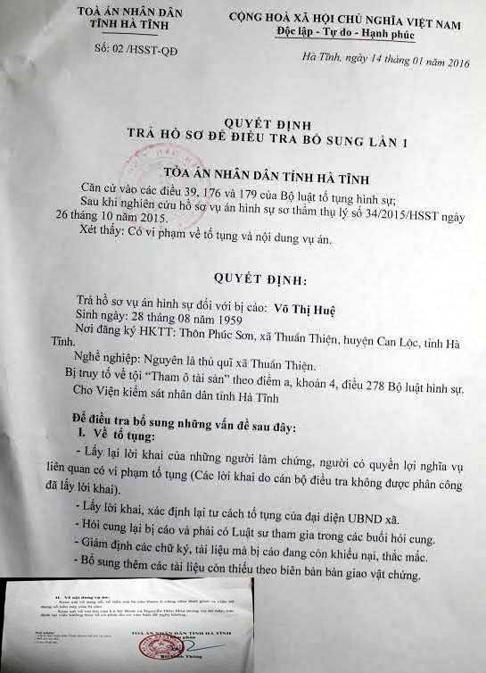 Quyết định trả hồ sơ, yêu cầu bổ sung lần 1 của Tòa án Nhân dân tỉnh Hà Tĩnh