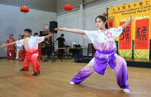 Sinh viên Trung Quốc biểu diễn võ cổ truyền của nước mình trong dịp đón năm mới tại Trung tâm văn hóa Trung Quốc ở Toronto, Canada.