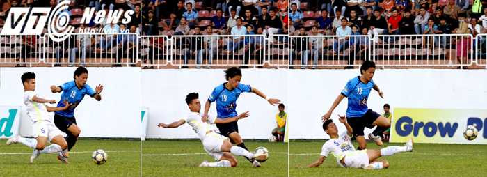 Một pha tắc bóng 'như làm thơ' của trung vệ Đông Triều (ảnh: Hoàng Tùng)