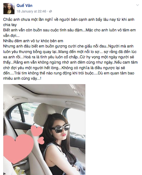 Chia sẻ đầy buồn bã như một cô gái đang yêu đơn phương của Quế Vân trên trang cá nhân với bức ảnh che mặt Trường Giang.