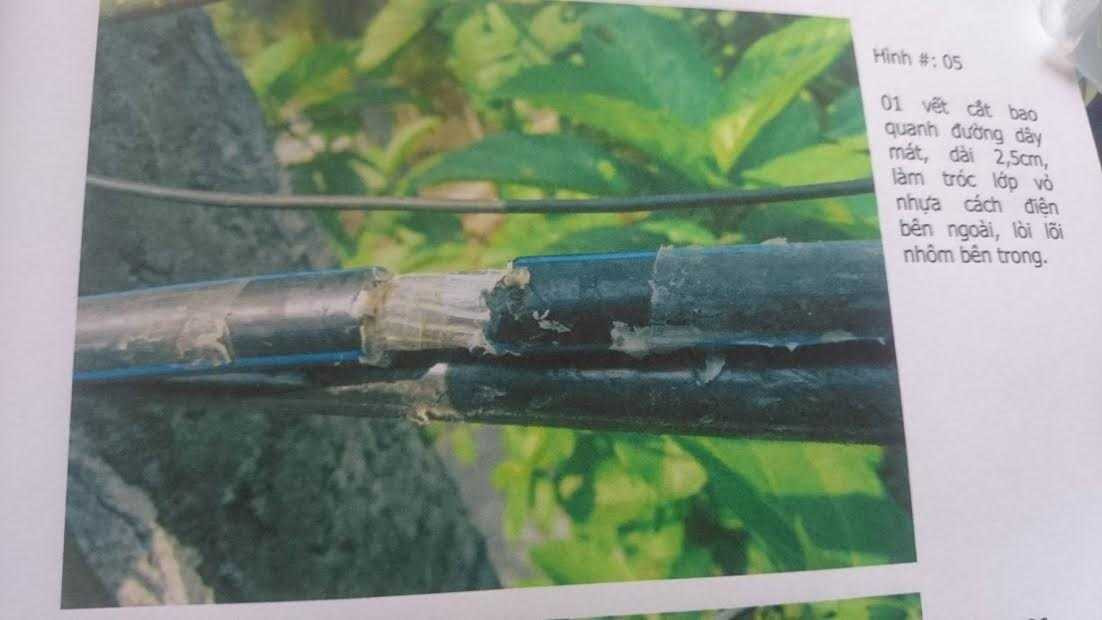 Một trong những vết cắt trên đường dây điện của bà Trinh.