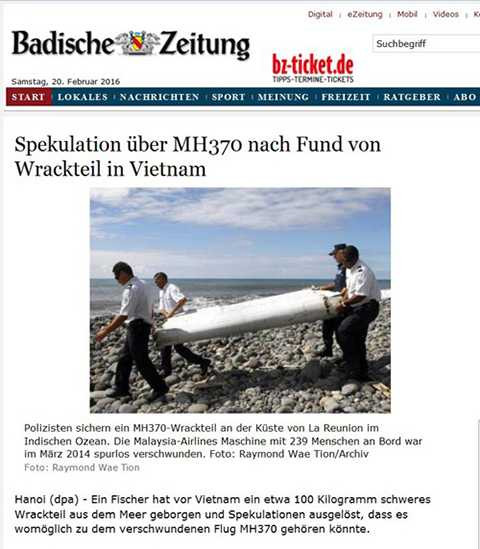 Một bản tin tiếng Đức trích nguồn từ DPA đưa tin ngư dân Việt Nam phát hiện thấy vật thể lạ có thể thuộc về chiếc Boeing MH370. 