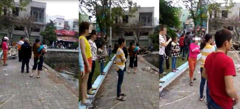 Rất đông người dân đứng trên bờ chứng kiến nam thanh niên vùng vẫy rồi chết chìm dưới hồ. 4 công an phường cũng có mặt tại hiện trường nhưng ‘bất lực’.