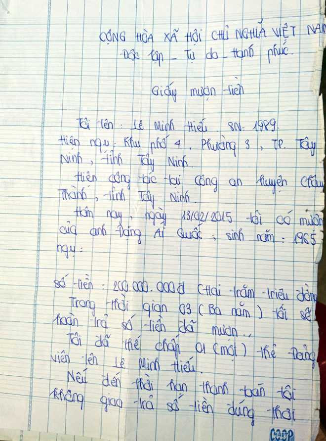 Giấy mượn nợ thế chấp thẻ Đảng của trung úy Hiếu