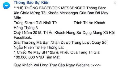 Một tin nhắn lừa đảo từng xuất hiện ồ ạt trên mạng xã hội facebook một thời gian dài (Ảnh minh họa)