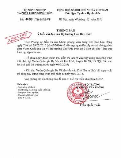 Thông báo hỏa tốc của Bộ NN&PTNT
