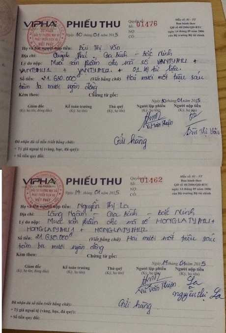 Những phiếu thu hàng chục triệu đồng của công ty VIPHA VN