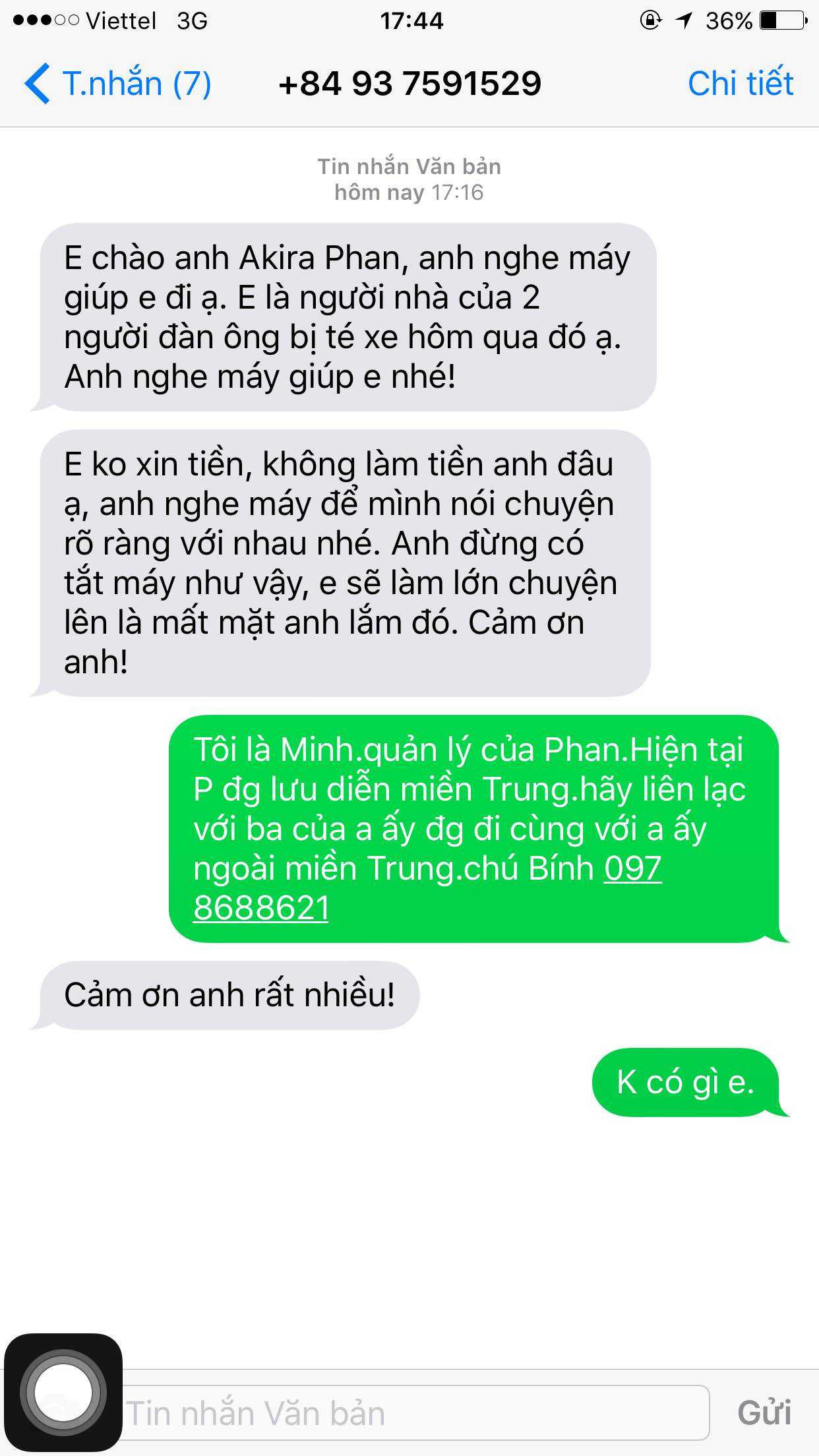 Tin nhắn đe doạ của người tự xưng là người nhà nạn nhân