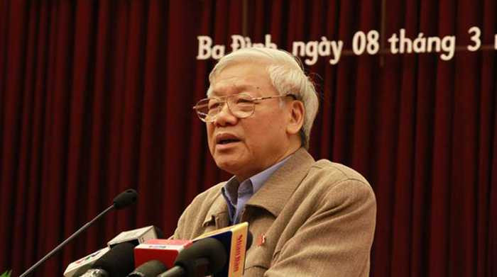 Tổng bí thư Nguyễn Phú Trọng phát biểu trong buổi tiếp xúc cử tri sáng 8/3
