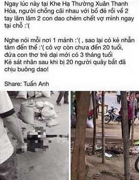 Thông tin vụ án mạng được đăng tải trên mạng <a href='https://vtcnews.vn/xa-hoi.2.0.html' >xã hội</a> gây xôn xao. (ảnh chụp màn hình)