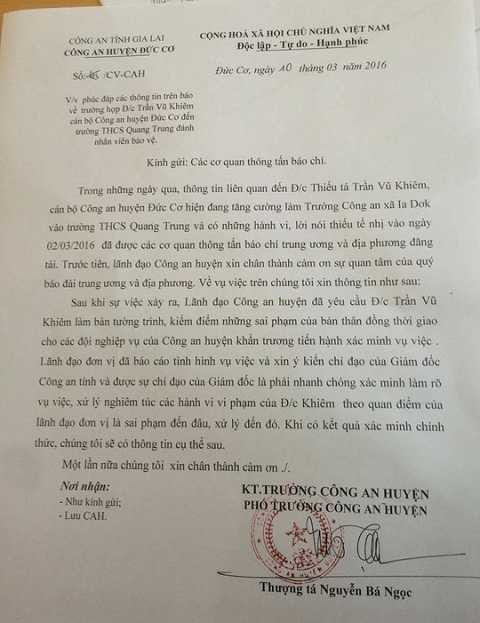 Công văn của Công an huyện Đức Cơ thông tin chính thức vụ việc. 