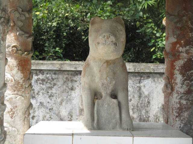 Cổ thần cẩu có đeo bài vị khắc ba chữ Hán thiên cẩu thần.