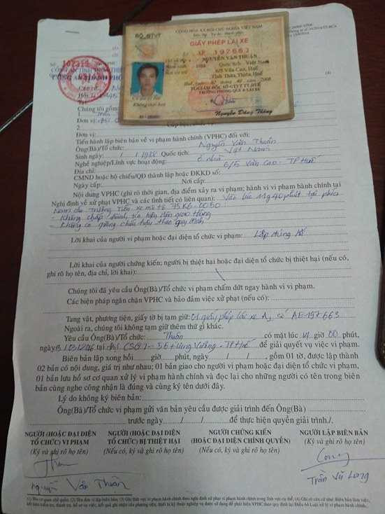 Biên bản xử phạt hành chính vì vi phạm luật giao thông đường bộ ngày 8/3.
