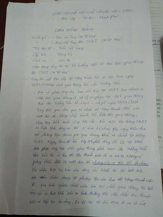 Bản tường trình của Trung úy Trần Vũ Long.