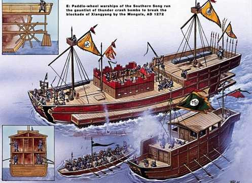 Thuyền chèo bằng guồng xoay Nam Tống (trên) phóng đạn gang nổ mảnh vào thuyền của quân Mông Cổ trong trận Tương Dương 1272. Thuyền chèo bằng guồng xoay Nam Tống (trên) phóng đạn gang nổ mảnh vào thuyền của quân Mông Cổ trong trận Tương Dương 1272.