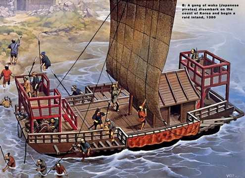 Một con thuyền của cướp biển Nhật Bản đổ bộ vào bờ biển Triều Tiên, chuẩn bị cho một cuộc cướp phá trong đất liền, năm 1350. Một con thuyền của cướp biển Nhật Bản đổ bộ vào bờ biển Triều Tiên, chuẩn bị cho một cuộc cướp phá trong đất liền, năm 1350.