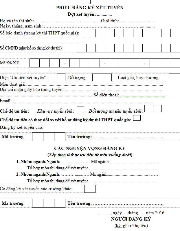 Mẫu đăng ký xét tuyển đại học, cao đẳng 2016
