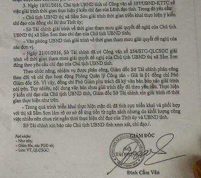 Một phần báo cáo ngày 10/3 của Giám đốc Sở Tài chính Thanh Hóa thể hiện việc đổ lồi cho cấp dưới giải trình chưa đúng yêu cầu của Chủ tịch UBND tỉnh. Ảnh: Đ.K 