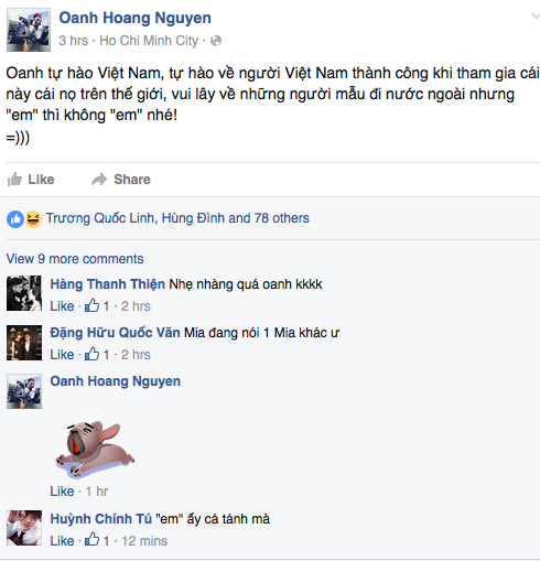 Người mẫu Hoàng Oanh tỏ ý cô không vui và tự hào về Quỳnh Mai sau khi cô tỏ thái độ thiếu văn hoá trên trang cá nhân.