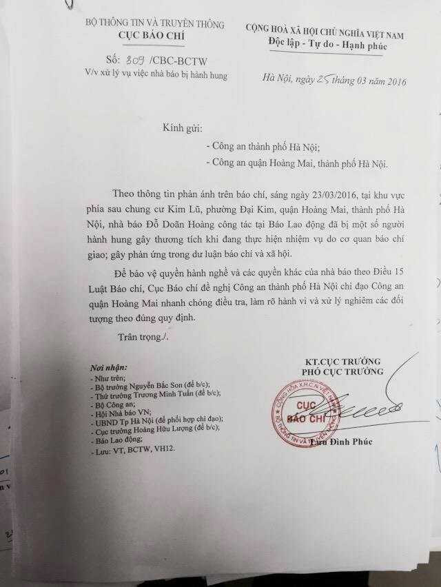 Công văn của Cục Báo chí đề nghị điều tra làm rõ vụ hành hung nhà báo Đỗ Doãn Hoàng