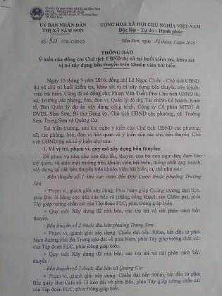 Thông báo số 521/TB-UBND ngày 16/3/2016, của UBND thị xã Sầm Sơn do ông Trần Phan Vũ, Phó chánh văn phòng ký, thông tin về việc UBND thị xã Sầm Sơn bố trí cho ngư dân 3 bến thuyền để hoạt động.