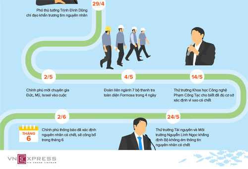 Diễn tiến điều tra nguyên nhân cá chết ở miền Trung. Đồ họa: Tiến Thành.