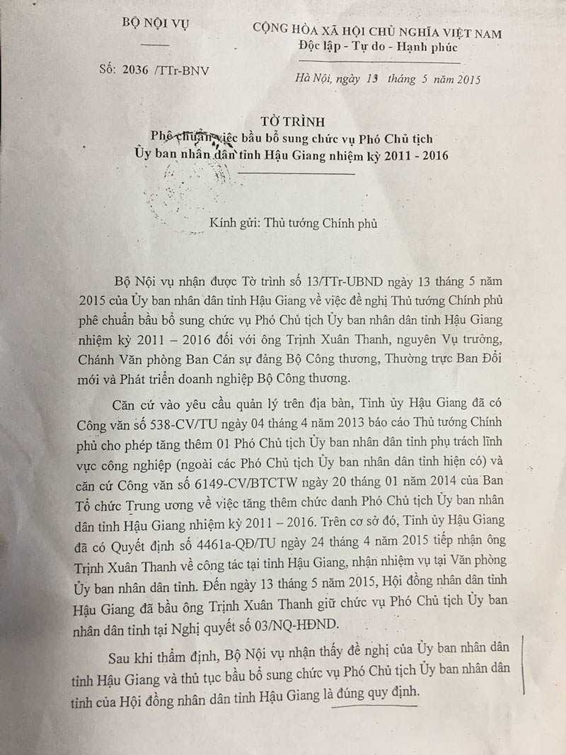 Trịnh Xuân Thanh, Phó chủ tịch tỉnh Hậu Giang Trịnh Xuân Thanh, Bộ Nội vụ, Phó chủ tịch đi Lexus biển xanh