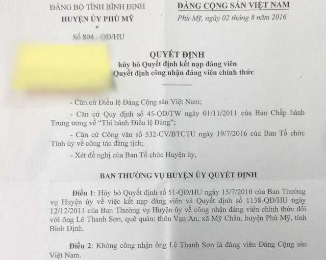 Quyết định xóa Đảng tịch