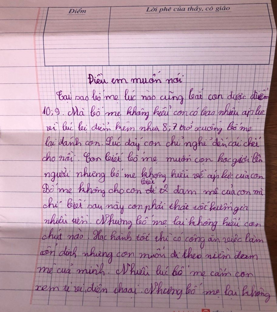 Cậu bé lớp 4 viết thư phản đối áp lực điểm 10 khiến cha mẹ lặng người