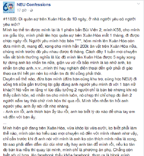 Đi học quân sự được 10 ngày, ở nhà bạn trai có người yêu mới