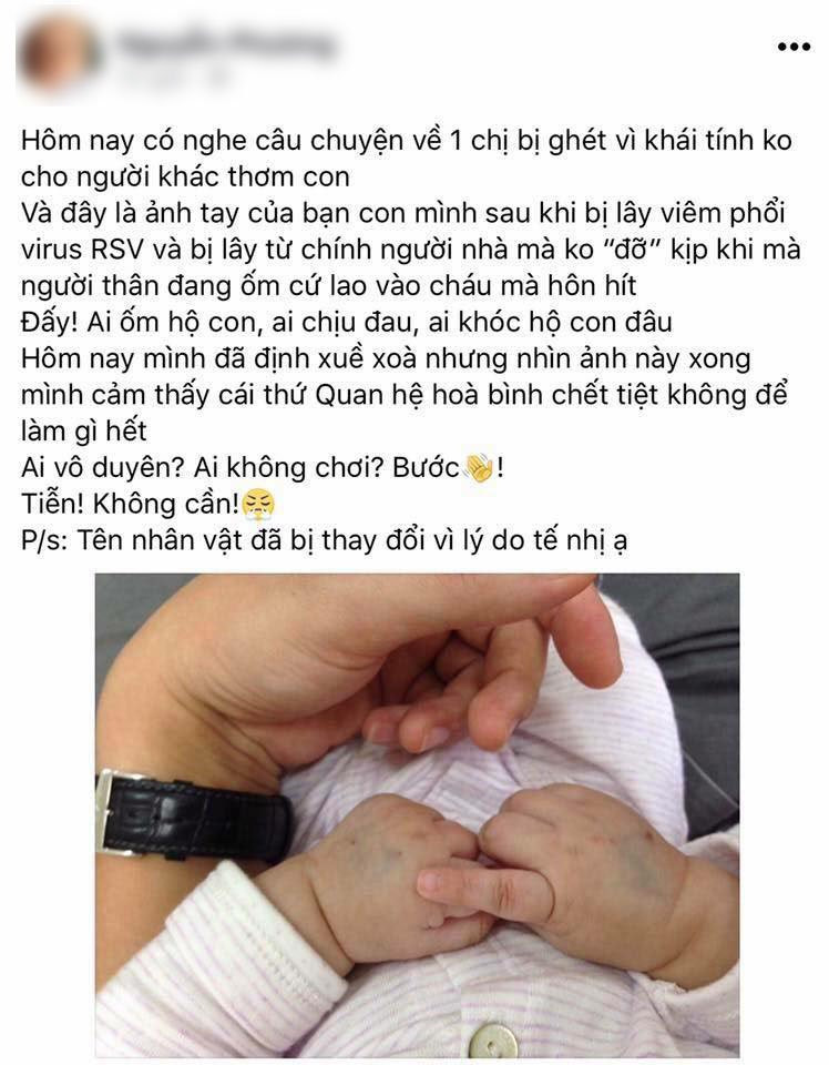 Được người nhà ôm hôn, em bé nhiễm virus viêm phổi