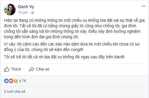 Bị tố giật chồng, Vy Oanh đáp trả đanh thép: 'Chúng tôi sẽ kiện đến cùng'