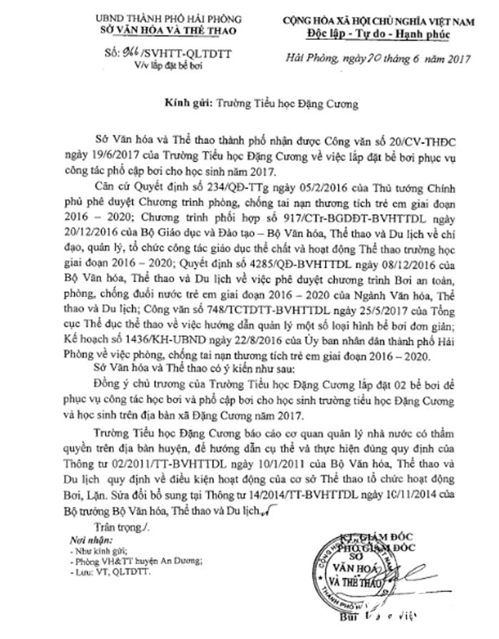 Cong van cua So VHTTDL mo be boi