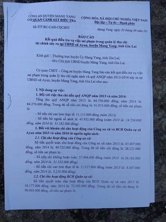 Kết luận của Công an huyện Mang Yang về sai phạm của Chủ tịch UBND xã Ayun