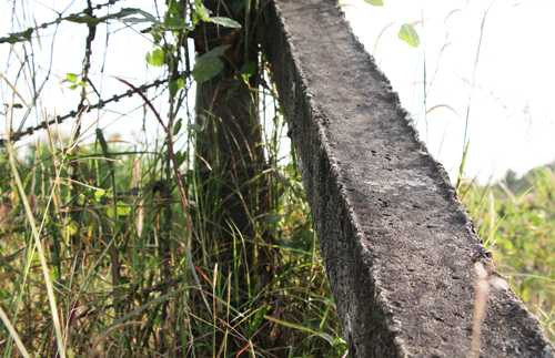 Những trụ bêtông rào chắn bị xô đổ, nằm ngổn ngang dọc bờ hồ đối diện Nhà khách Đại học Quốc gia, Trung tâm Giáo dục quốc phòng.