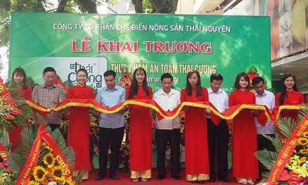 Giám đốc Đỗ Văn Cương mặc áo xanh nhạt đứng thứ 4, từ trái qua phải trong buổi lễ cắt băng khai trương.