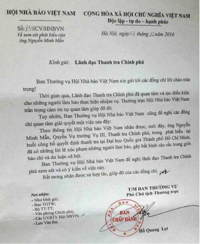 Văn bản Hội Nhà báo Việt Nam gửi lãnh đạo Thanh tra Chính phủ về phát ngôn gây bất bình trong giới báo chí và dư luận xã hội của ông Nguyễn Minh Mẫn.