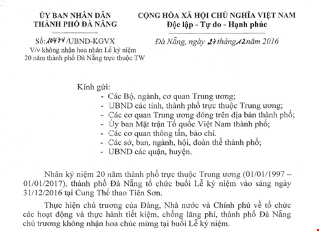 Đà Nẵng không nhận hoa mừng 20năm trực thuộc trung ương - ảnh 1
