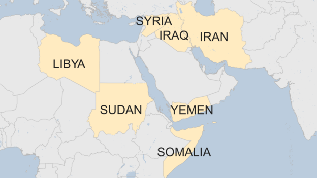  Iran, Iraq, Libya, Somalia, Sudan, Syria và Yemen bị nêu tên trong sắc lệnh di trú của ông Trump (Đồ họa: BBC) 