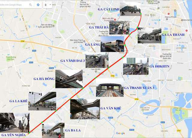  Công trình đường sắt đô thị Cát Linh - Hà Đông (Hà Nội) đã hoàn thành trên 90% khối lượng công việc, định hình rõ ràng với 12 nhà ga. (Map: Google) 