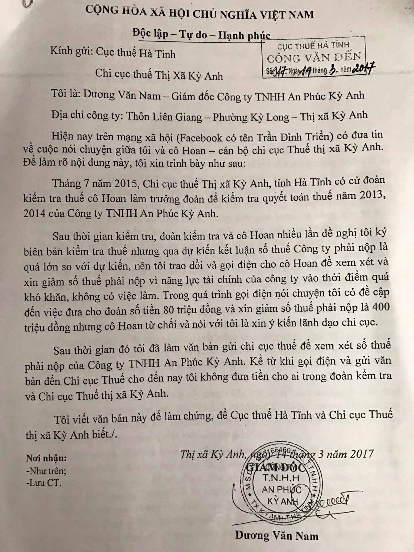 cán bộ thuế vòi tiền, cán bộ thuế nhũng nhiễu, Hà Tĩnh, cán bộ thuế, cục thuế Hà Tĩnh