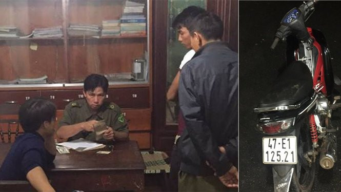 Chiếc xe máy mà anh Thông cùng bạn phát hiện ở bên đường rồi dẫn tới bàn giao cho công an xã Nam Dong - Ảnh: B.D