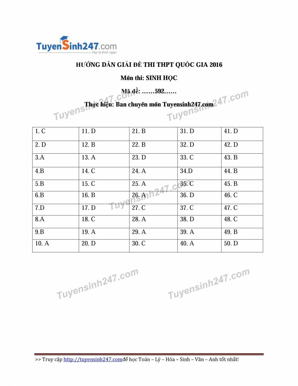 Dap an mon Sinh hoc ma de 592