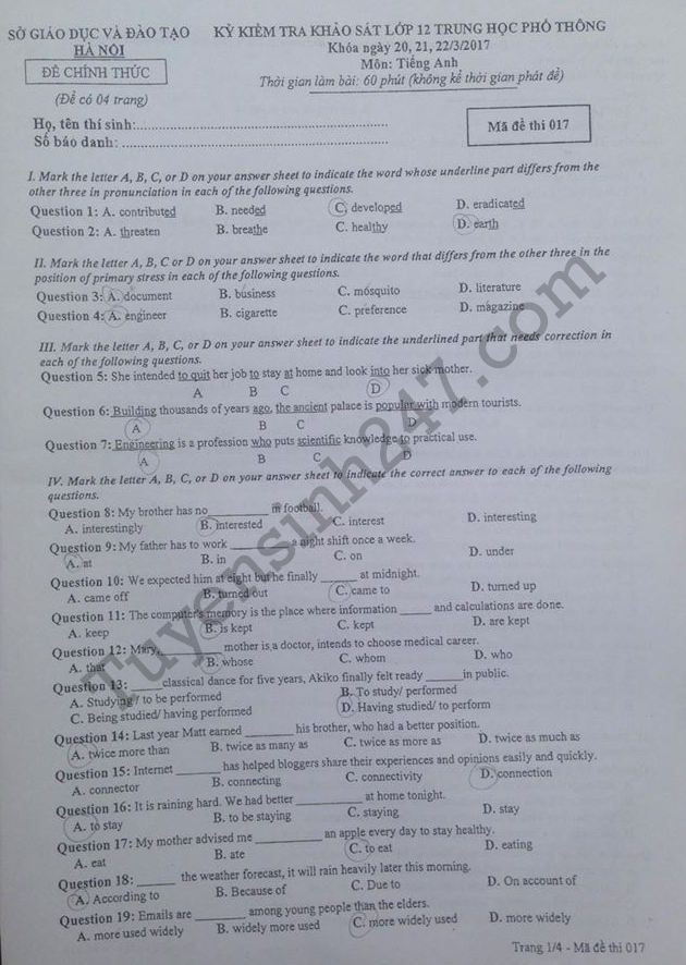 dap an de thi tieng anh 1